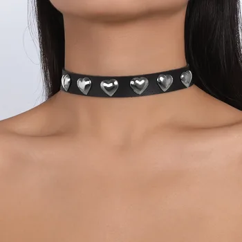Culoare argintie Inima din Piele Neagră Cravată Colier pentru Femei Gotic Coliere Scurte de sex Feminin 2022 Moda Bijuterii Simplu Nou