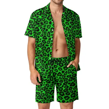 Green Leopard Bărbați Seturi de Leopard Verde Streetwear Tricou Casual Set Mâneci Scurte, pantaloni Scurți de Vară în aer liber Potrivi Plus Dimensiune 2XL 3XL