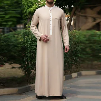 Noi Musulman Halat Alb Galben Bărbați Tricou Maneca Lunga Buton Rotund Musulman Îmbrăcăminte Respirabil Eid Orientul Mijlociu Jubba Echipa Cadou