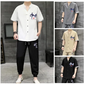 Produse în Stoc Noul Stil Chinezesc de Vară Bărbați cu Mânecă Scurtă Imprimate Casual Costum din Două Piese Bărbați Trunchiate Pantaloni Bărbați Sui