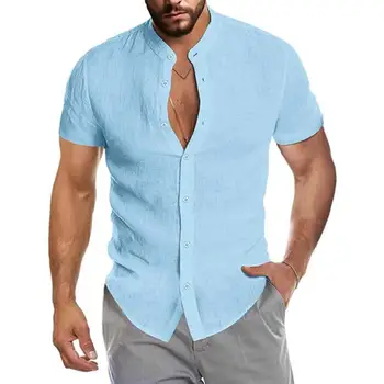 Vara Casual Lenjerie de pat din Bumbac Barbati Slim Shirt V-neck Maneca Lunga Pierde Respirabil Tricouri Culoare Solidă Street Wear Bluza Topuri